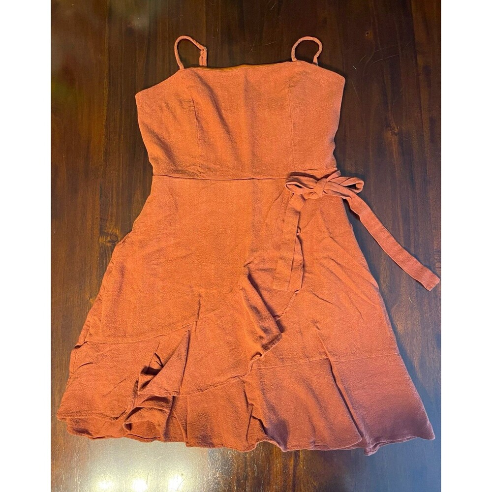 Altar'd State Women's M Brown Square Neck Smocked Tie Ruffle Mini Sundress
